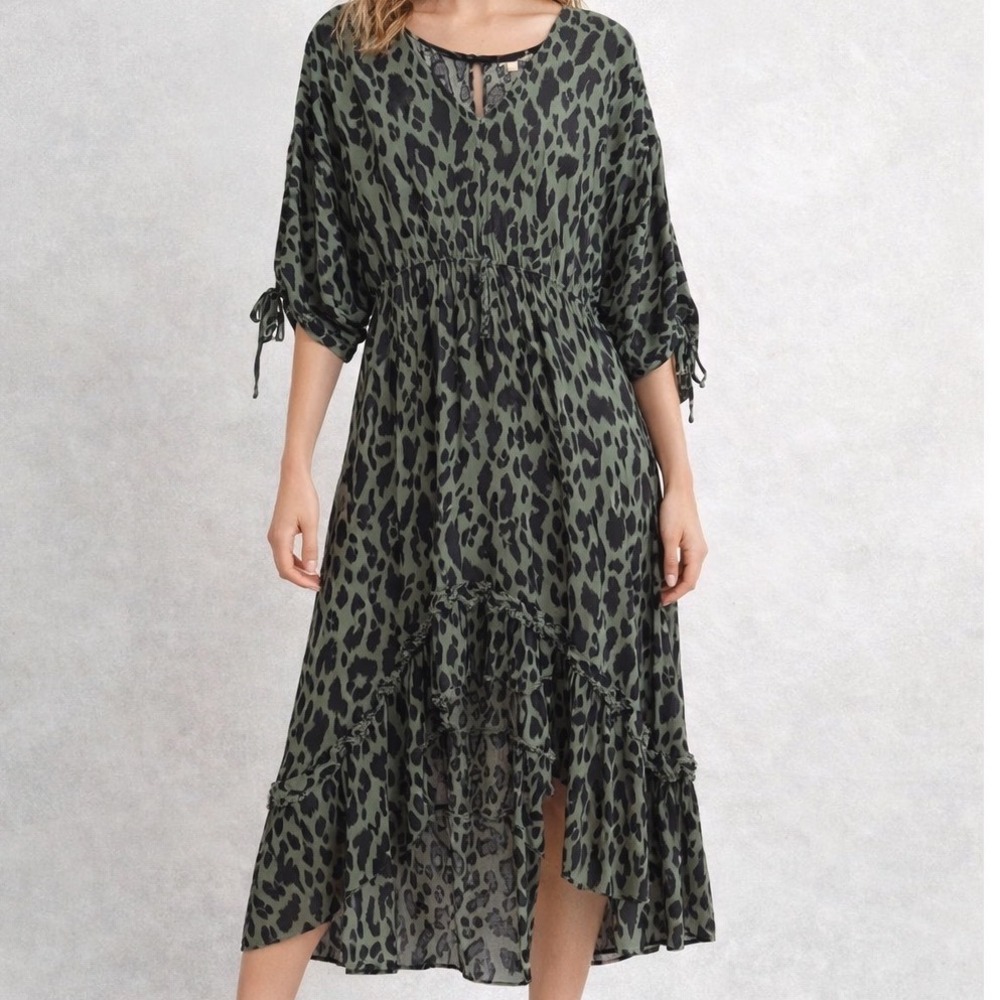 Umgee Olive Green and Black Leopard Print Midi Dress